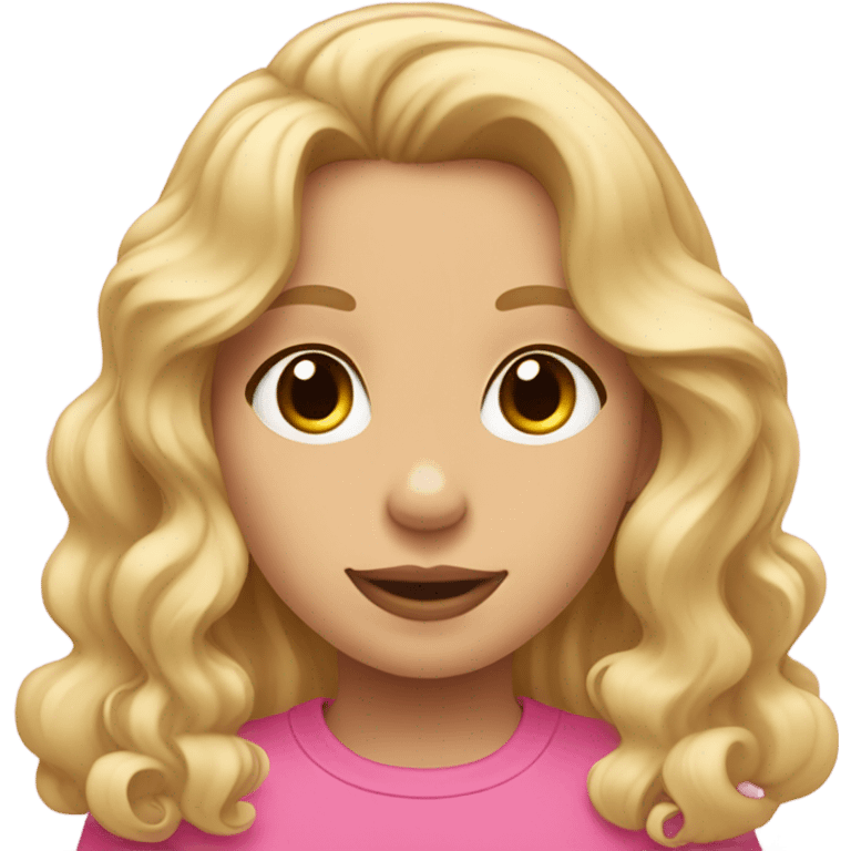 Blonde girl with wavy hair wearing a pink shirt with a blonde cocker spaniel emoji