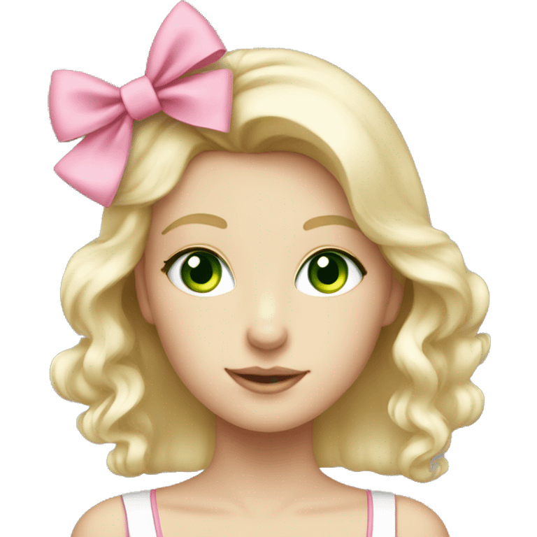 Blonde girl green eyes with pink bow in her hair and white kitten emoji