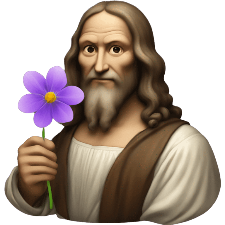 leonardo da Vinci holds a purple flower in his hands emoji