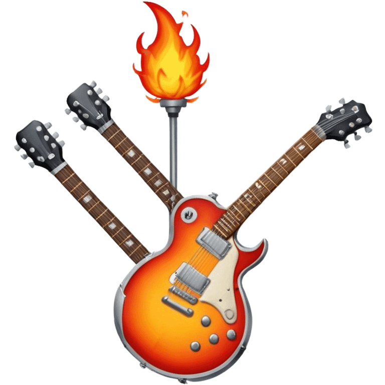 Create a bold and powerful emoji representing rock vocal performance in a humanless collage. The design should feature a vintage microphone at the center, surrounded by a heavy, aggressive hardcore electric guitar with sharp, jagged edges. Include crossed drumsticks behind the guitar, symbolizing the intense rhythm of rock music. Add fiery elements like flames or lightning bolts to enhance the raw energy of the design. Use dark, bold colors like black, red, and silver, with metallic or chrome accents to reflect the rebellious, hard-hitting nature of rock. The background should be transparent. emoji