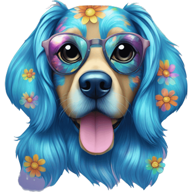 Multicolored retro groovy hippie trippy floral patterns on a metallic holographic iridescent blue dog face  emoji