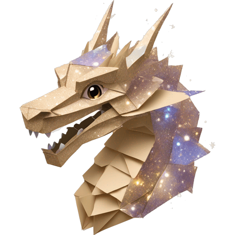 Sparkling patterned Beige Origami dragon with a dried flower crown made of newspapers intricate patterns surrounded by fairy lights nebula galaxy stars swirls iridescent holographic  emoji