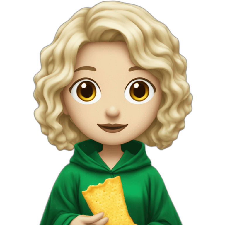 Girl Blue eyes Slytherin robe with short wavy ash blonde hair eating chips and cheese hogwarts robe emoji