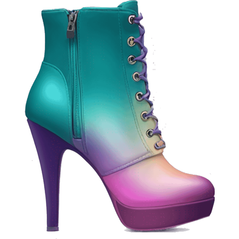 Realistic isolated top view of a pair of dark teal,purple,pastel pink,pastel purple and pastel yellow ombre high heel zippered ankle bootie boots. emoji