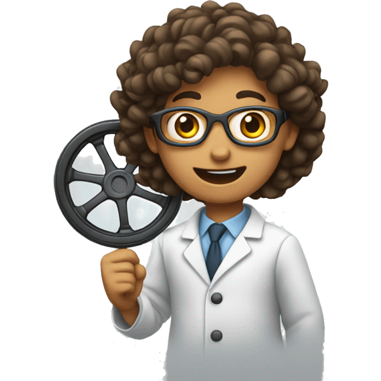 young scientist excited holding a car wheel emoji