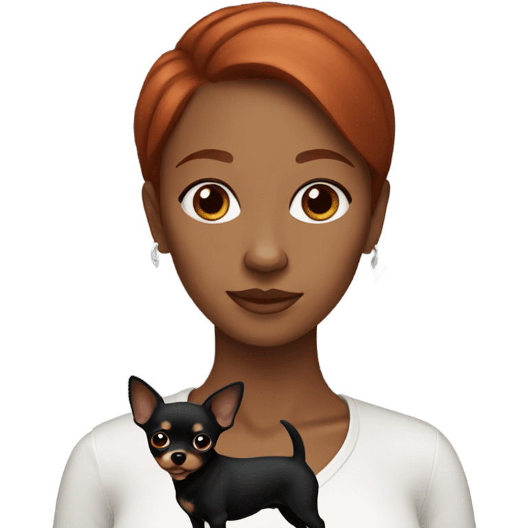 Red haired woman with brown eyes holding all black Chihuahua  emoji