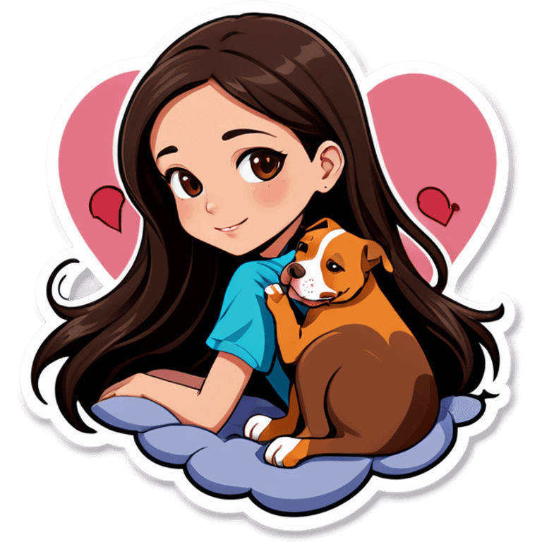 A pretty girl with long dark hair layered  cascading down her face sits on the bed with her brown pit bull  laying beside of her heart is flying all around emoji