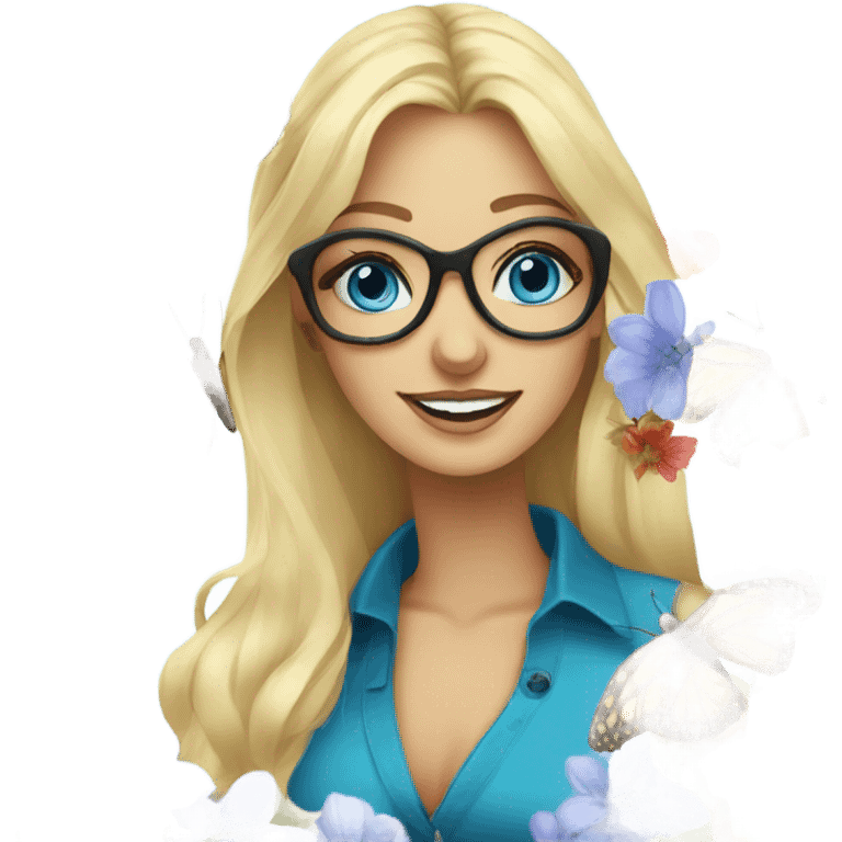 Gorgeous blond lady blue eyes with flowers and butterflies wearing glasses  emoji