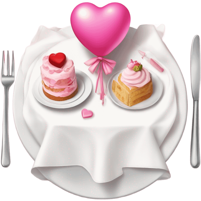 pink romantic party setting for two people and heart balloon  table with white cloth and candle with bows on the table and white Korean cake emoji