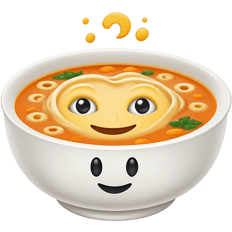 a bowl of soup with eyes and a smiley face floating on top of the soup emoji