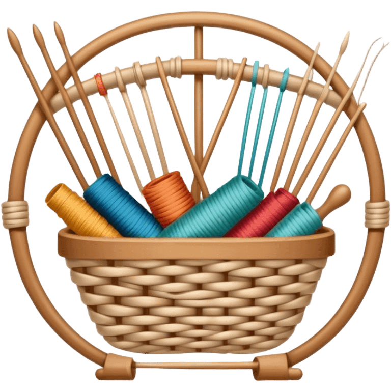 Weaving icon, various types of weaving such as basket weaving, macramé, and loom weaving, showing intertwined threads or ropes, weaving tools like shuttle, crochet hook, and loom, minimalistic style, clean lines, transparent background. emoji