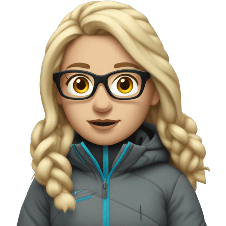 slightly chubby female skier with long blonde hair, glasses, grey snow jacket, black pants and black skis. no poles emoji