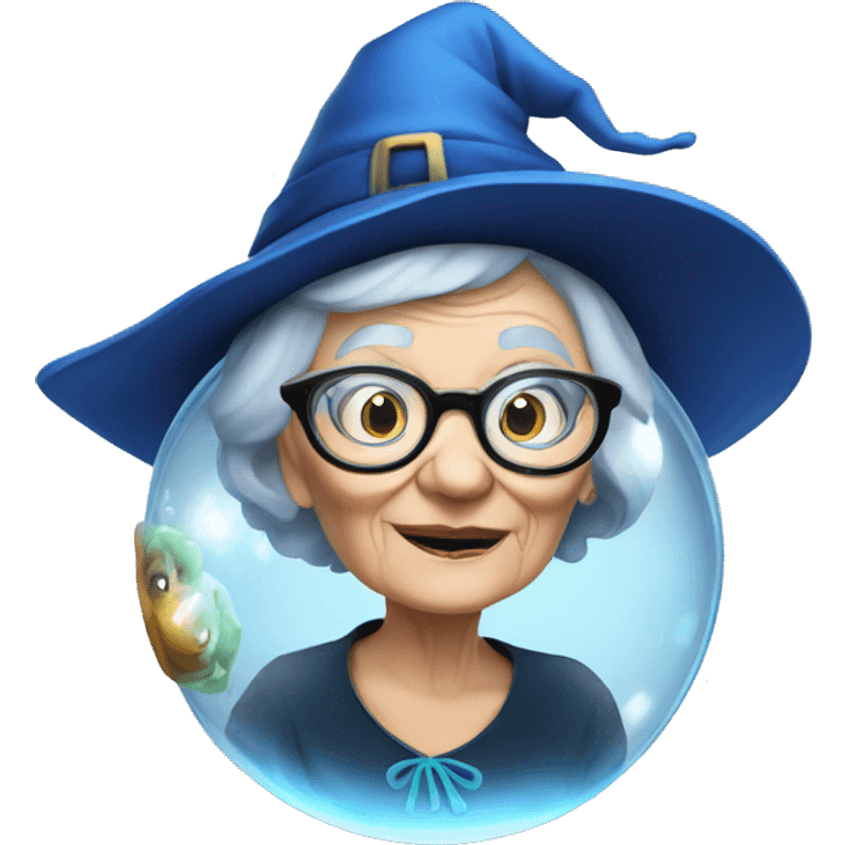 smart granny witch with glasses and blue hat in crystal ball emoji