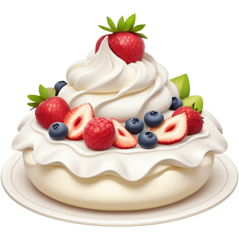 Cinematic Realistic Pavlova Dessert Emoji, showcasing a delicate meringue dessert topped with fresh fruit rendered with lifelike texture and soft natural lighting. emoji