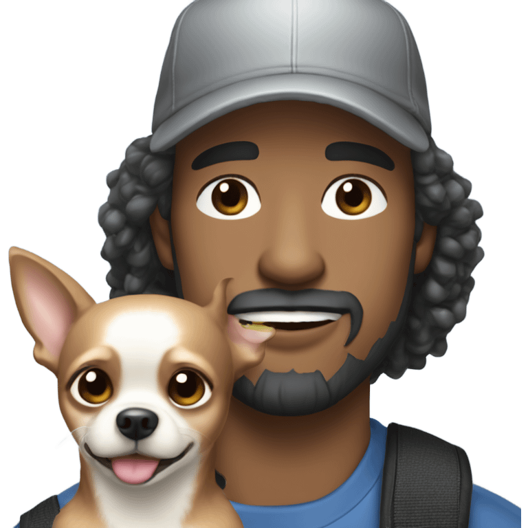 man with blue eyes gray hair and goatee wearing ball cap holding chihuahua with long black hair emoji