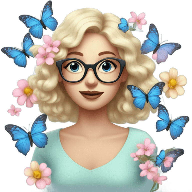 Gorgeous pastel lady with flowers and butterflies with blue eyes and glasses  emoji