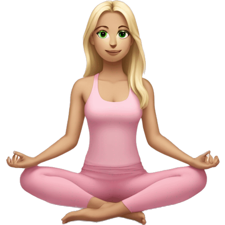 blonde long hair and green eyes yoga girl in light pink clothes sitting on a yoga mat emoji