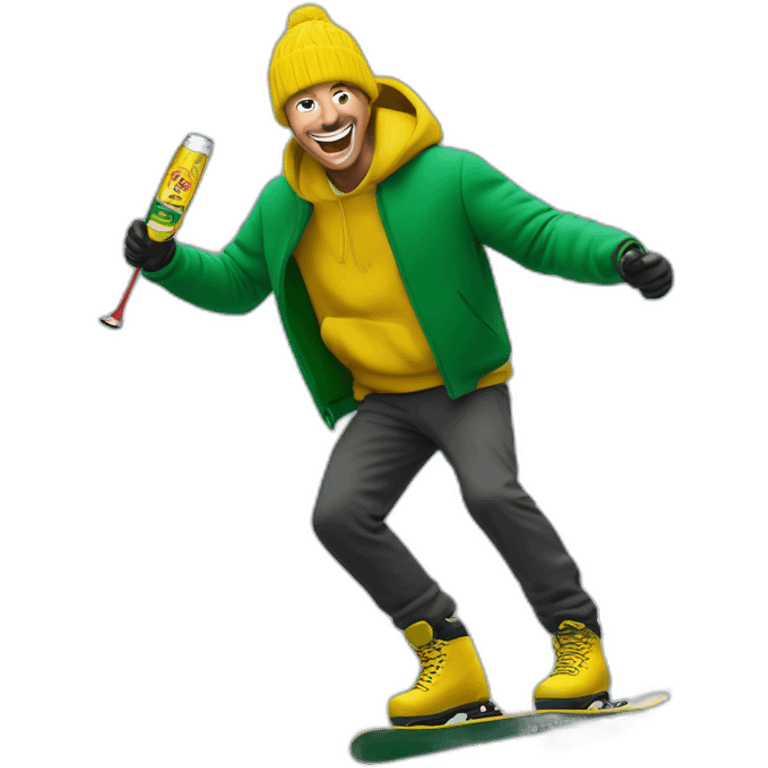 Man freestyle ski grinding over a giant green bottle of buckfast tonic wine with yellow label emoji