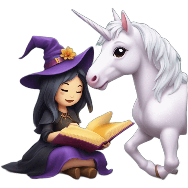 Cute witch and unicorn reading a magic book emoji