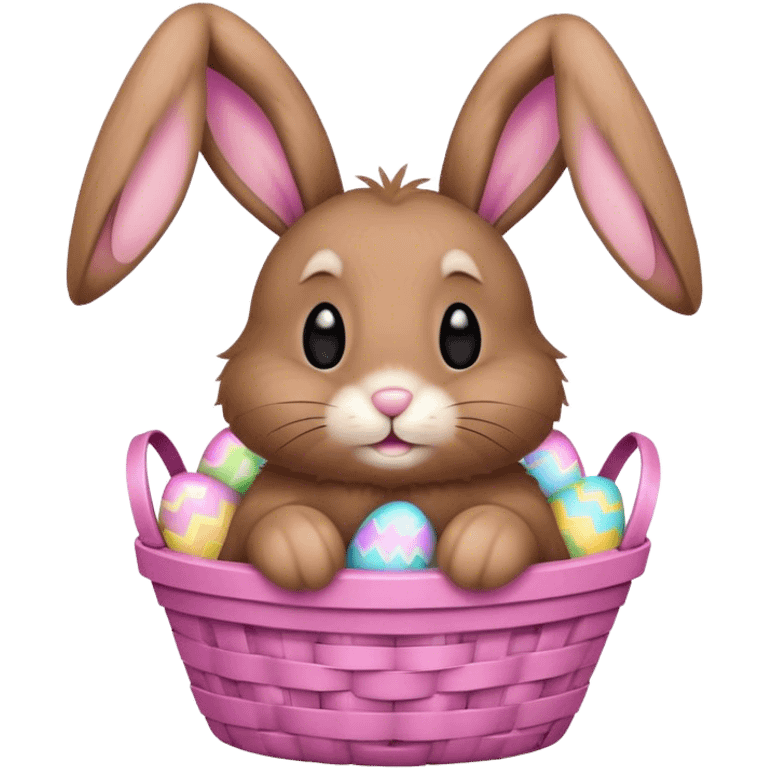 Floppy-ears fluffy brown bunny in pink Easter basket emoji