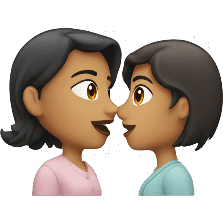 Two lesbians kissing on the lips. Both have long dark hair. Their skin color is white. emoji