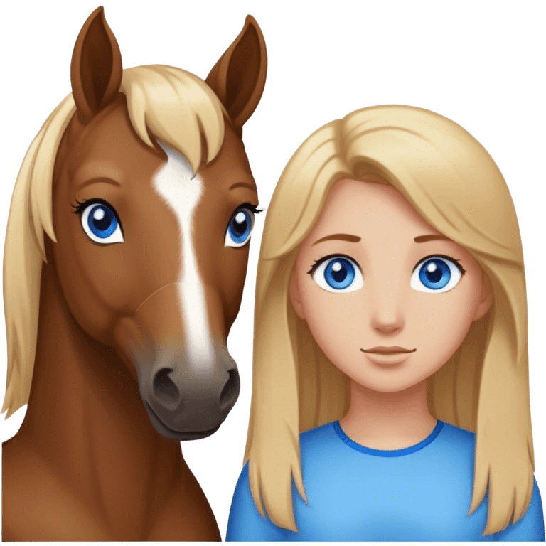 a bay horse standing next to a dark blonde girl with blue eyes emoji