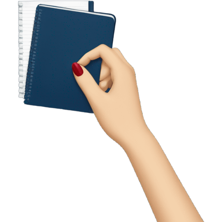 a female hand with a red manicure holds a dark blue notepad emoji