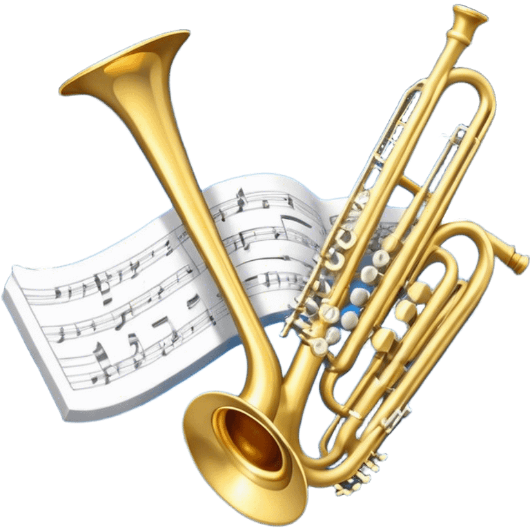 Create an elegant and refined emoji that represents orchestration and arrangement. The design should feature a musical score or sheet music with various orchestral instruments like a violin, a trumpet, and a grand piano subtly integrated into the composition. Add a conductor's baton, symbolizing the guiding hand of orchestration, and flowing musical notes that move between the instruments. Use rich, classic colors like gold, silver, and deep blue to evoke the sophistication of orchestral music. The background should be transparent, with a touch of intricate details to represent the complexity of orchestration. emoji