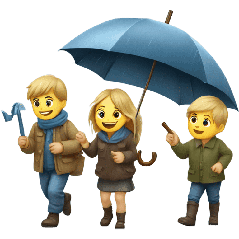 3 russian kids with a umbrella playing with a paper ship in the rain emoji