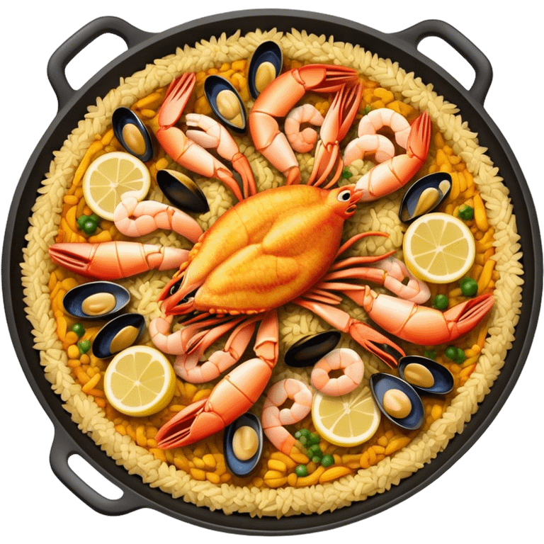 Cinematic Realistic Paella Dish Emoji, depicted as a vibrant, aromatic rice dish loaded with seafood, chicken, and saffron rendered with rich textures and dynamic, warm lighting. emoji