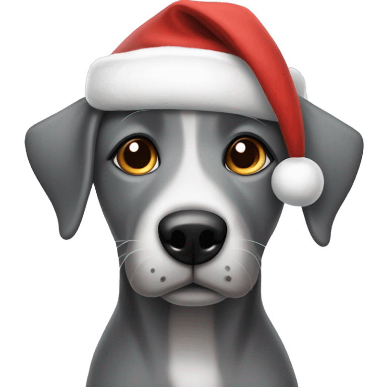 A grey dog with hazel eyes wearing a Santa hat emoji