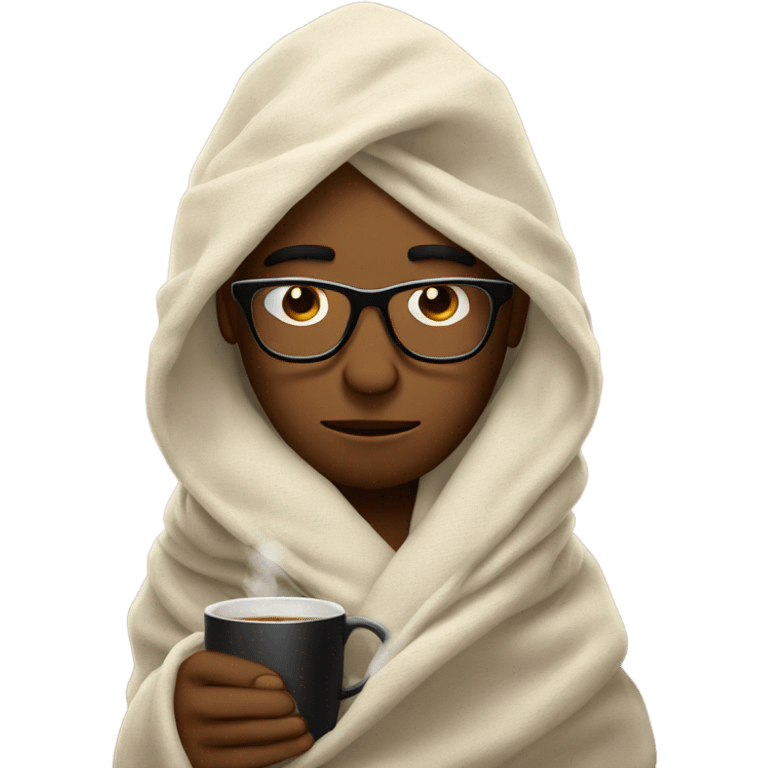 Guy in glasses inside a blanket sipping coffee eyes closed emoji