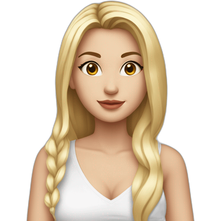 caucasian girl, long straight blonde hair, glossy white v-neck laced sexy top emoji