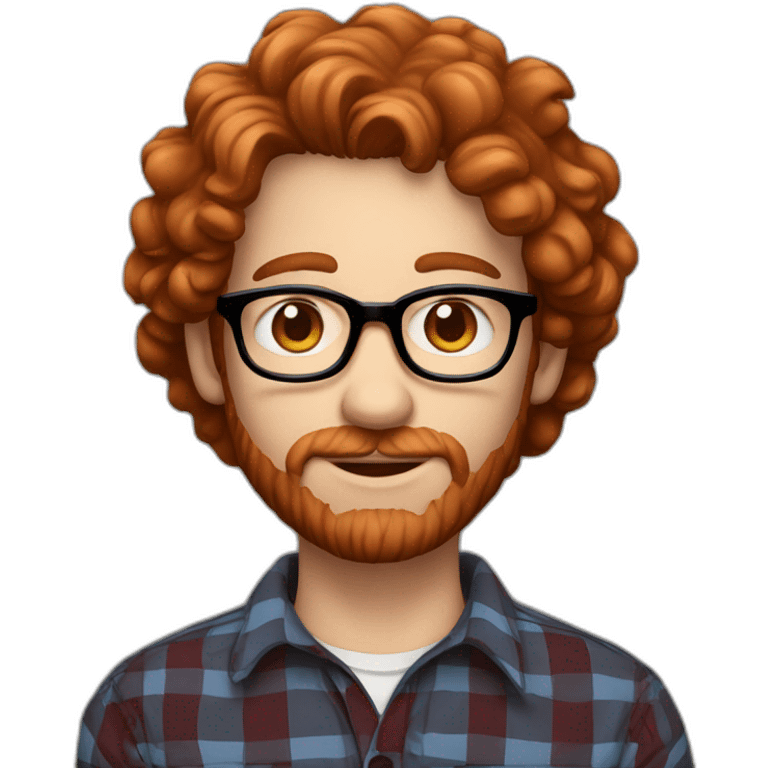 man,25 years,blue eyes,redhead,short curly hair,beard, round glasses, red and black checked shirt emoji