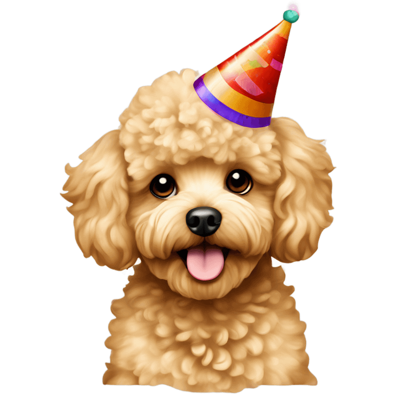 Blonde toypoodle maltipoo with birthdayhat emoji