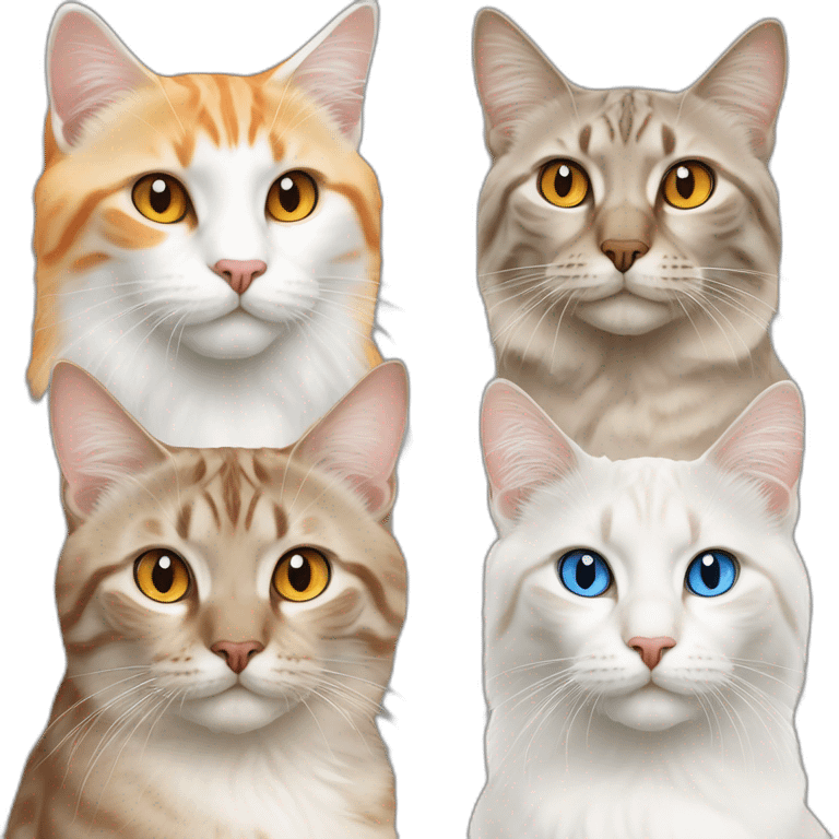 three cats, 1 cat lynx point with blue eyes 1 cat orange and white with yellow eyes 1 cat all orange with orange eyes emoji