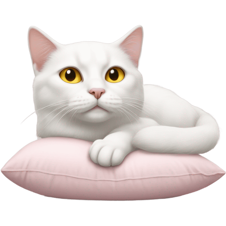 Realistic white cat with yellow eyes laying on pink pillow  emoji