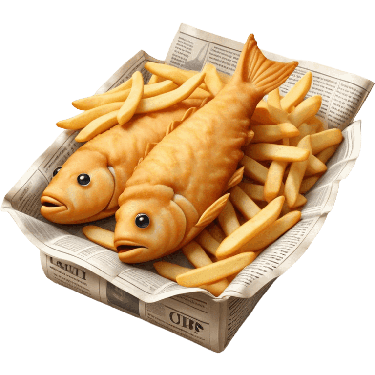 Fish and Chips Cinematic Realistic Fish and Chips Dish Emoji, depicted as a crispy battered fish fillet and golden chips served in traditional newspaper wrapping, rendered with lifelike textures and warm natural lighting that captures its iconic British street food charm  . emoji