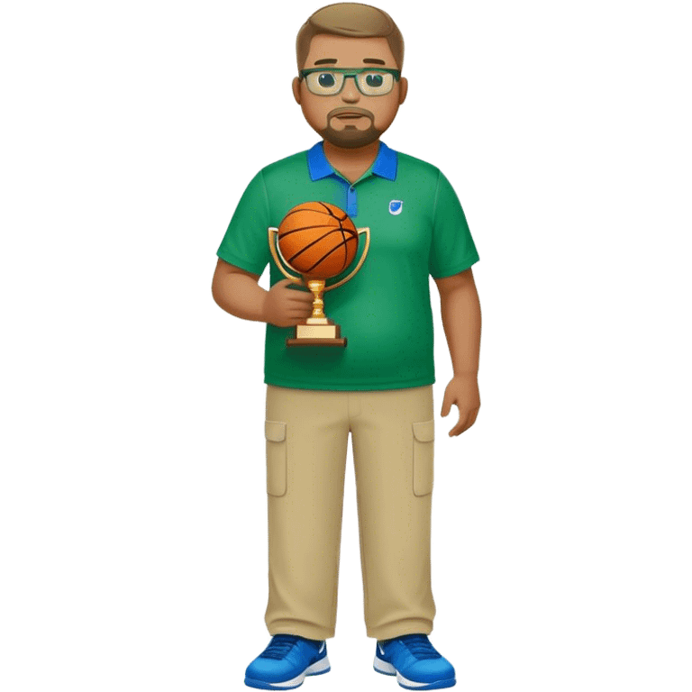  full body white obese male basketball coach with trophy. Goatee , Wearing glasses and blue and green nike polo shirt and khaki pants emoji