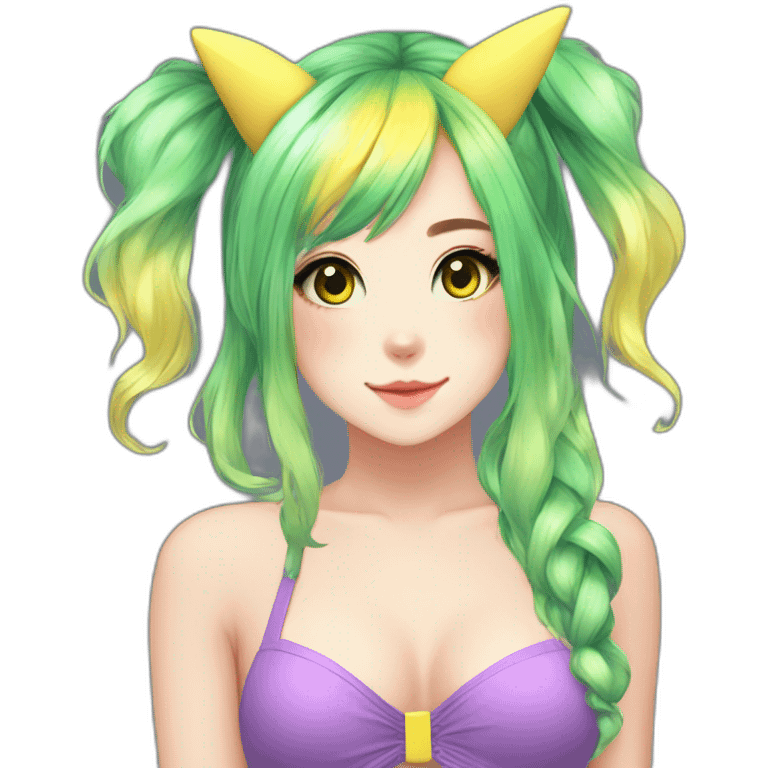 catgirl hot belle delphine rainbow hair green eyes with pikachu swim-suit emoji