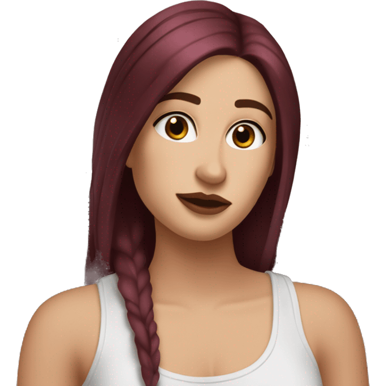 white girl, long straight middle part burgundy hair, brown eyes, long eyelashes, full lips, black tank top emoji