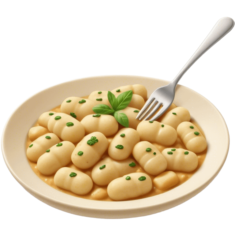 Gnocchi Cinematic Realistic Gnocchi Dish Emoji, depicted as tender oblong potato gnocchi garnished with iconic fork marks on top, rendered with soft textures and warm, inviting lighting. emoji