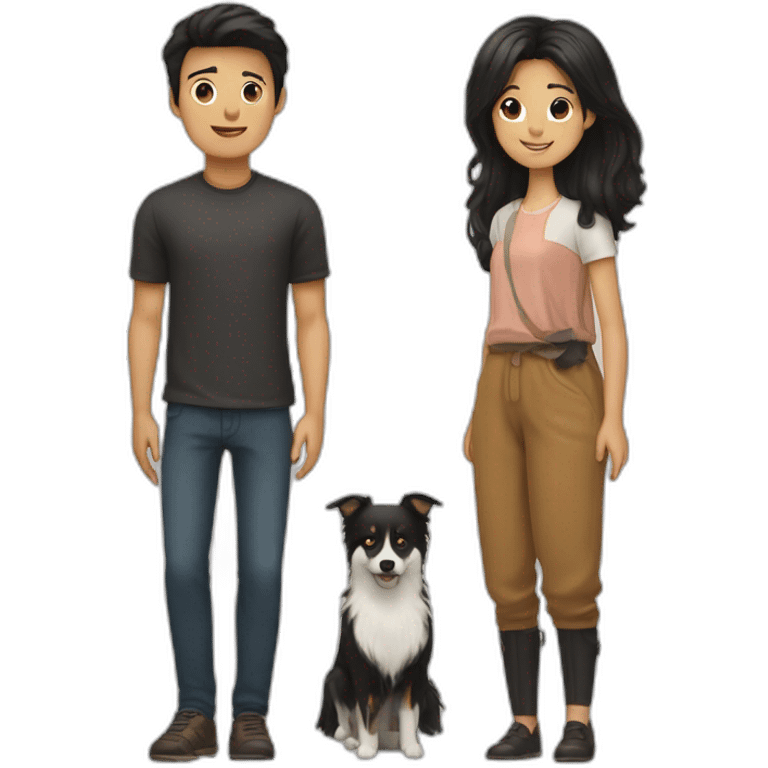 couple, a little Men with Long black hair, a girl with short brown hair ; and black spitz dog emoji