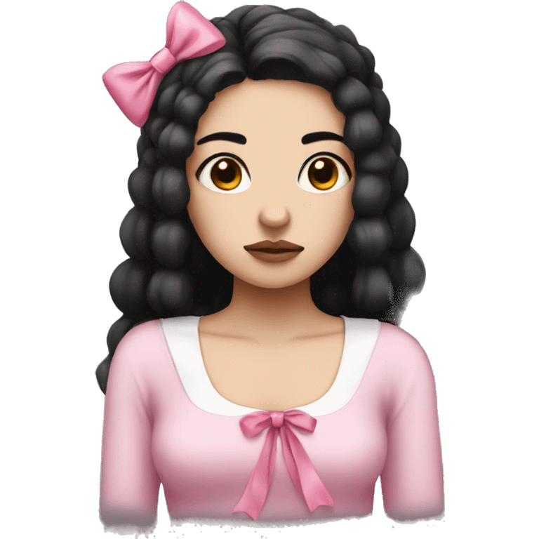 sad girl with white skin and black hair with a pink bow on her head emoji