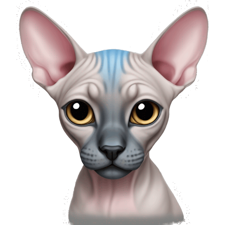 grey and little pink sphynx cat with blue eyes and black nose emoji