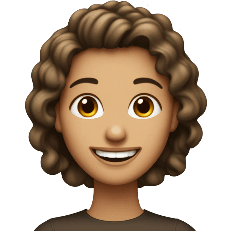 emoji de iPhone de una chica de pelo largo castaño oscuro con flequillos sonriendo ojos color cafe oscuro  emoji