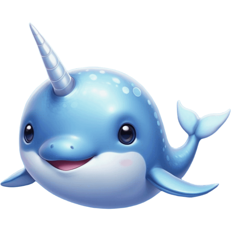 Cinematic Cute Cute Narwhal Portrait Emoji, Head tilted playfully and inquisitively, featuring a charming, sleek body with softly iridescent skin, a prominently spiraled tusk and large, twinkling eyes full of gentle wonder, Simplified yet irresistibly adorable features, highly detailed, glowing with a warm, inviting ocean glow, high shine, affectionate and lively, stylized with a touch of magical sea whimsy, soft glowing outline, capturing the essence of a mischievous yet endearing cute narwhal that seems as if it could frolic out of the screen into your heart! emoji