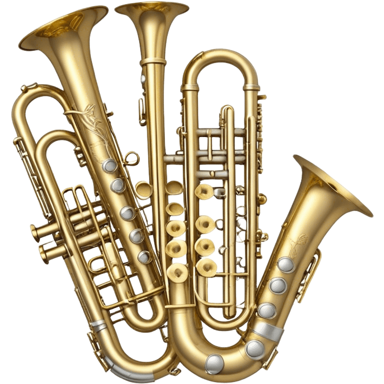 Create a complex, festive, and professional emblem-like emoji representing wind instruments. The design should resemble a heraldic crest, featuring iconic brass and woodwind instruments such as a trumpet, saxophone, clarinet, flute, trombone, and tuba, symmetrically arranged in a balanced composition. A flowing ribbon of musical notes should elegantly weave around the instruments, intertwining with their curves, bells, and mouthpieces, creating a dynamic and harmonious effect. The instruments should have rich metallic tones—gold for brass and silver for woodwinds—with polished highlights and intricate details on the keys and valves. Decorative elements such as elegant scrollwork, laurels, or subtle engravings should enhance the grandeur of the design, making it look celebratory and prestigious. The overall composition should be visually complete, refined, and suitable as a standalone emblem. The background should be transparent. emoji