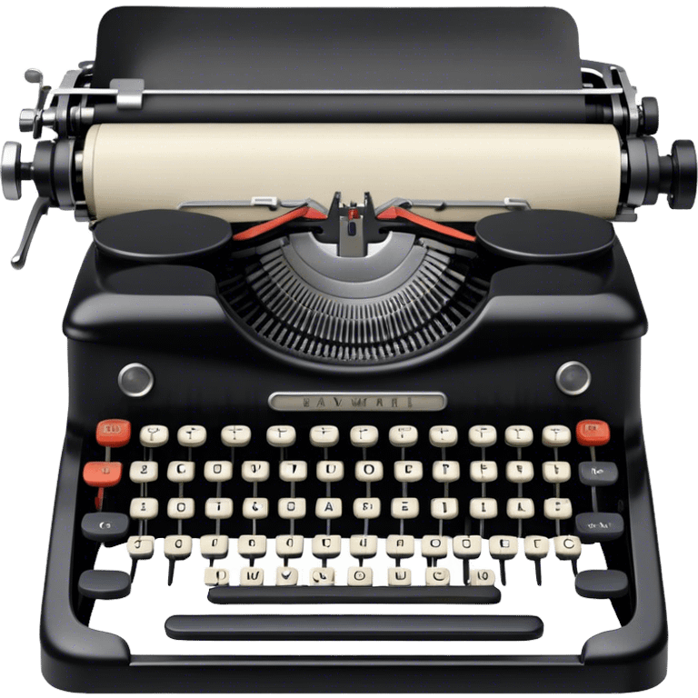 Create an emoji representing screenwriting. The design should feature an open script with visible dialogue and action lines, symbolizing the writing of a screenplay. Include a classic typewriter to signify the process of creating a script and a movie camera behind . Use a professional color palette with black, white, and subtle metallic tones. Do not include any emojis or smiley faces. Make the background transparent. emoji