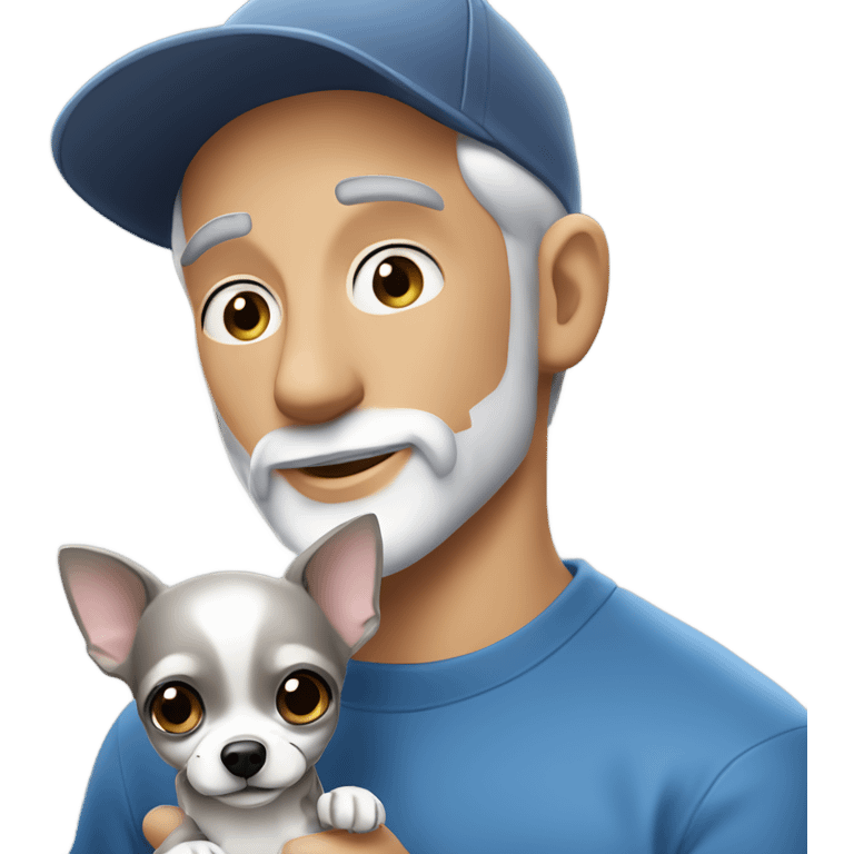 Handsome blue eyed man, with grey hair, and grey goatee beard, wearing ball cap and holding a black long hair chihuahua  emoji